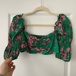 Zara satin green floral puffer crop top